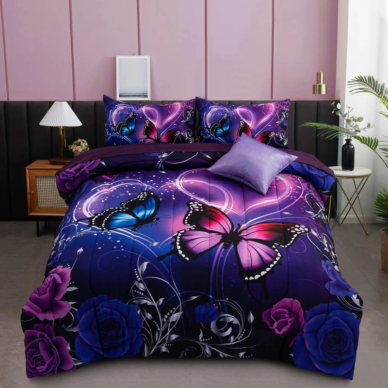 A Nice Galaxy 6pcs Bed in A Bag Purple and Blue Dreamy 3D Butterfly Printed, Butterflies Bedding Full Comforter Set, for Girls Kids Teens