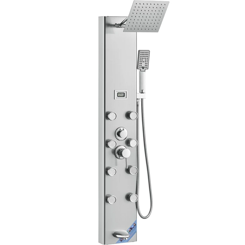 VEVOR Shower Tower Panel, 5 Shower Modes, Digital Display Shower Panel Tower, Rainfall, 8 Massage Jets, Tub Spout, 3-Setting Handheld Shower Head 59" Hose, Stainless Steel Wall-Mounted Shower Set