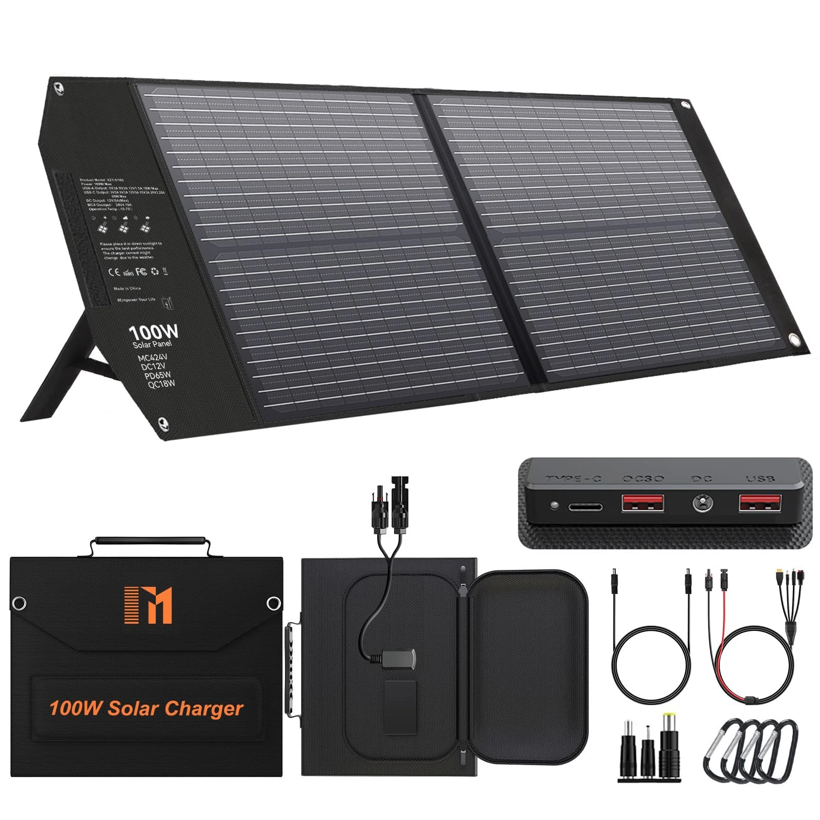 Mesuvida 100W Portable Solar Panel with 5 Ports, 24V MC4/ DC/QC 3.0 USB-A & USB-C (PD 65W), Camping Solar Panel Kit, Foldable Solar Charger for Camping Power Stations Off-Grid