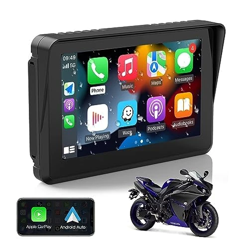 CARabc 5" IPS Touch Screen Portable Apple Carplay Screen for Motorcycle Wireless Apple CarPlay & Android Auto GPS Navigation IPX7 Waterproof Support Siri/Google Assistant (Normal)