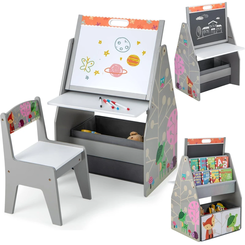 GYMAX Kids Art Table and Chair Set, Double-Sided Toddler Easel with Magnetic Chalkboard & Whiteboard, Fabric Bin and Bookshelf, Children Table and Chair Set for Boys Girls (Grey)
