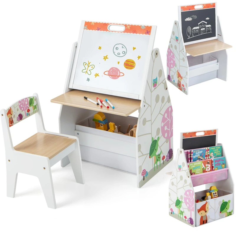 GYMAX Kids Art Table and Chair Set, Double-Sided Toddler Easel with Magnetic Chalkboard & Whiteboard, Fabric Bin and Bookshelf, Children Table and Chair Set for Boys Girls (White)