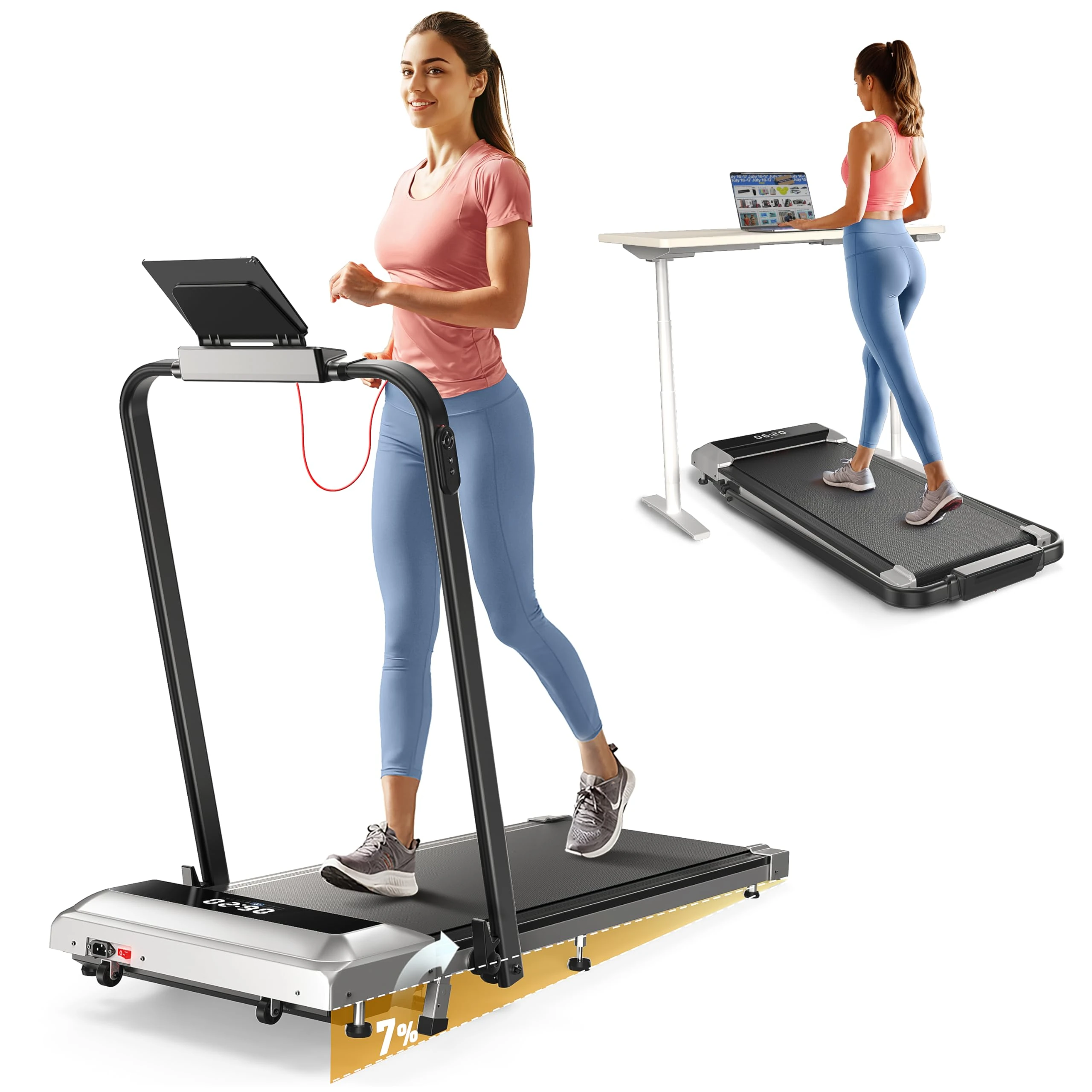 3 in 1 Folding Treadmill, Walking Pad with 7% Incline, 2.5HP Electric Treadmill for Home Under the Desk, Magnetic Remote Control, 12 km/h, 40x100cm, 12 Modes, App, LED Display