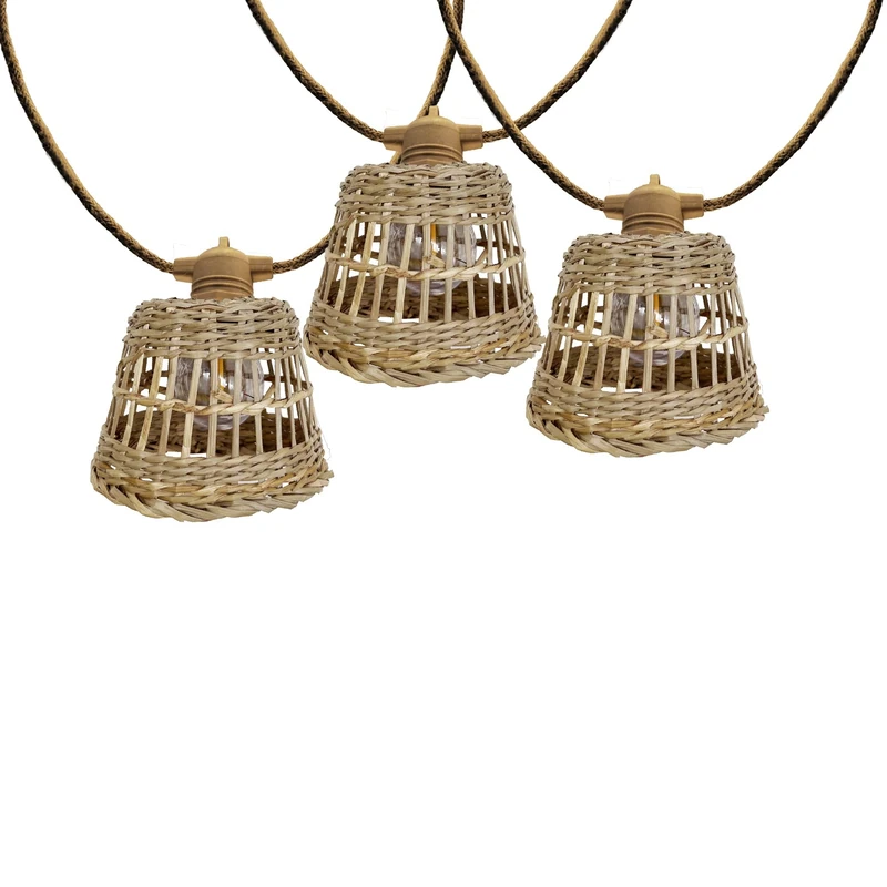 Lumisky Samoa Light Hybrid 10 Natural Rattan Lampshade Outdoor Fairy Lights - Warm White LED Solar and Mains Powered - 8 m