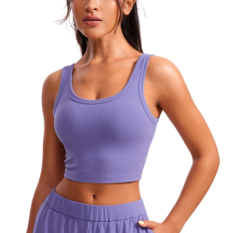 CRZ YOGA Womens Ribbed Longline Sports Bra - U Neck Padded Yoga Cami Workout Crop Tank Top Built in Pads, Dark Lavender Purple, M
