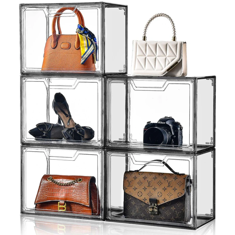 Stebopum Purse Organizer for Closet,Clear Acrylic Display Case for Handbag Organizer, Purse Storage Box with Magnetic Door, Dustproof Storage Bins for Book, Collectibles, Cosmetic (Grey, 5)