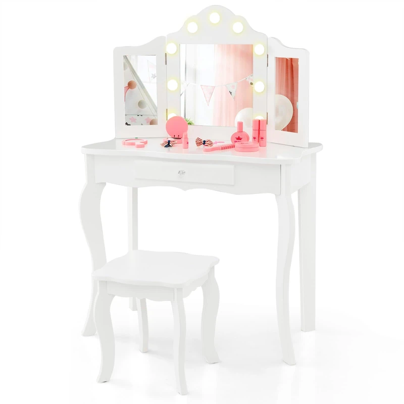 GYMAX Kids Vanity Table and Stool Set, 2-in-1 Children Dressing Table with Detachable Tri-folding Mirror, 3-Color LED Lights, Drawer, Wooden Princess Makeup Table for 3+ Years Old (White), GY10235GB - Image 1