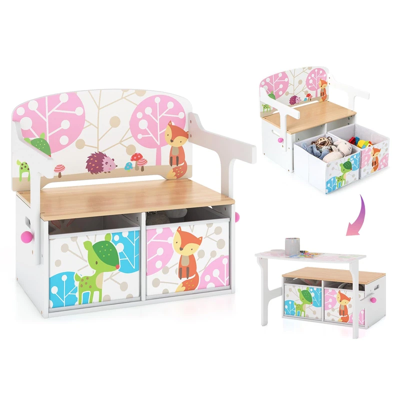 GYMAX 3 in 1 Kids Storage Bench, Wooden Toddler Table and Chair Set with 2 Removable Fabric Bins, Convertible Toy Storage Box for Living Room Playroom Bedroom (White)