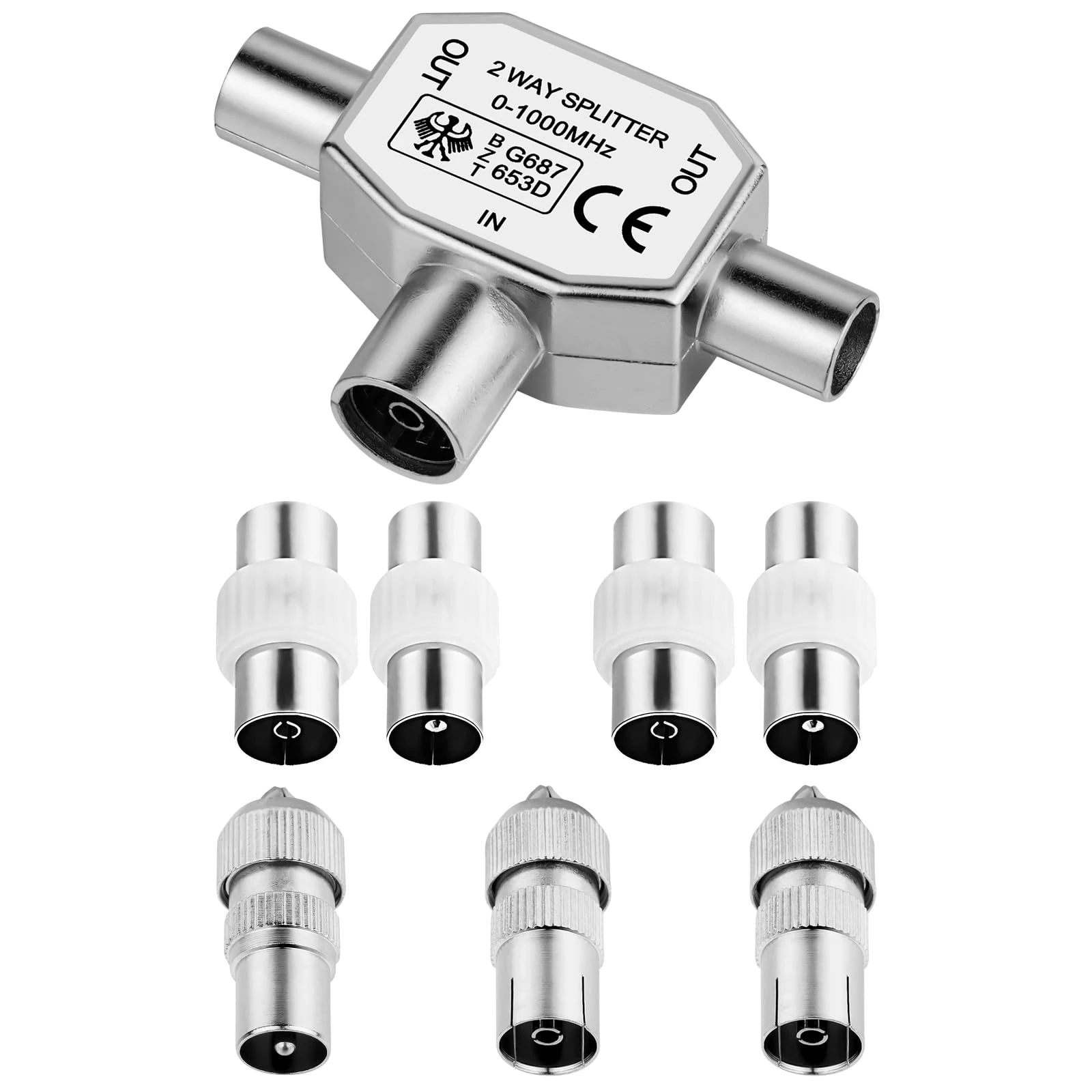 AXFEE Digital Signal Antenna Splitter, 2 Way 1 Female to 2 Male TV Aerial Coax Splitter With 7PCS TV Aerial Adapter Connector, Compatible with Cable TV Antenna, Shielded Metal Housing
