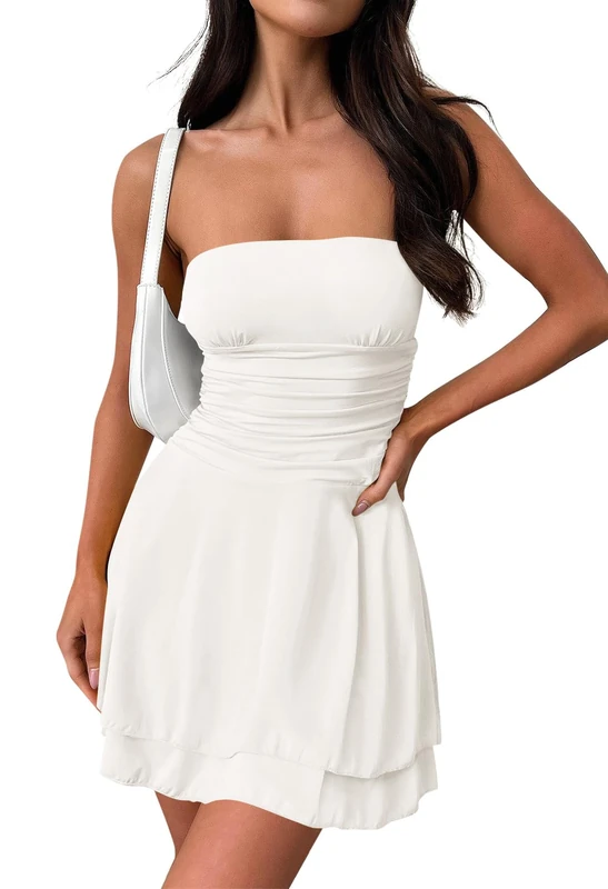 Merokeety Women's 2024 Summer Strapless Tube Dress Sexy Off Shoulder Ruffle Tiered Flowy Mini Dresses, White, S