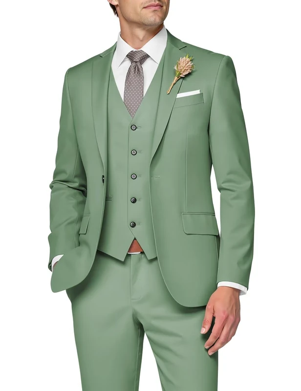 SPTALLFITJSV 3 Piece Suit Men Slim Fit Wedding Suits for Mens Elegant One Button Jacket Single Breasted Vest Pants Set, Dusty Sage Green, XL