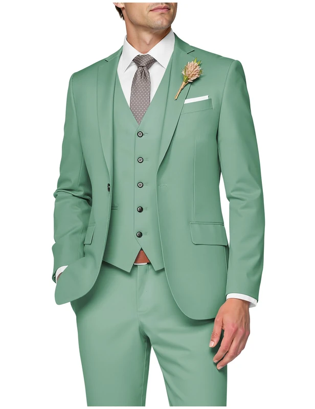 SPTALLFITJSV 3 Piece Suit Men Slim Fit Wedding Suits for Mens Elegant One Button Jacket Single Breasted Vest Pants Set, Dusty Sage Green, M