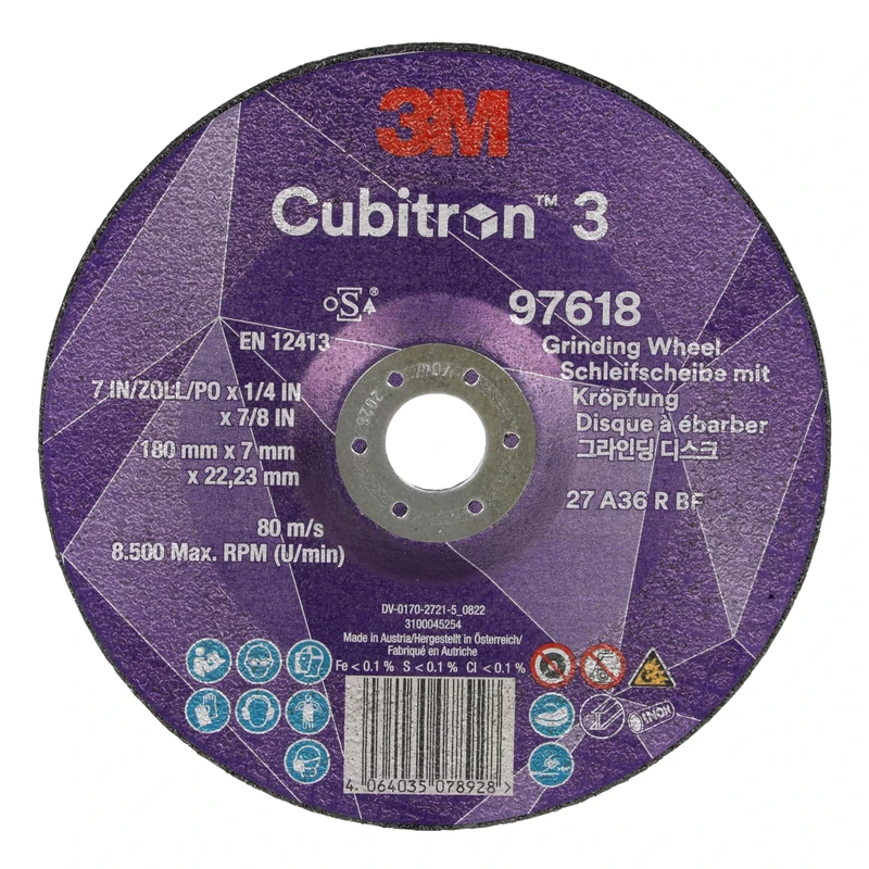 3M Cubitron 3 Depressed Center Grinding Wheel, 97618, 36+, T27, 180 mm x 7 mm x 22.23 mm, Gouge Special EN, 10/Pack