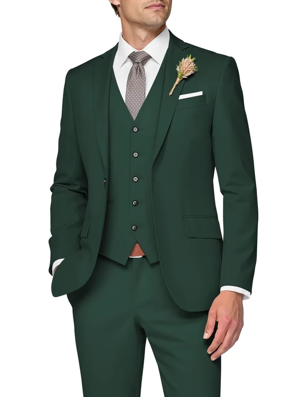 SPTALLFITJSV 3 Piece Suit Men Slim Fit Wedding Suits for Mens Elegant One Button Jacket Single Breasted Vest Pants Set, Dark Green, L