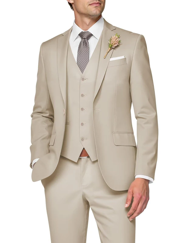 SPTALLFITJSV 3 Piece Suit Men Slim Fit Wedding Suits for Mens Elegant One Button Jacket Single Breasted Vest Pants Set, Beige, XXL