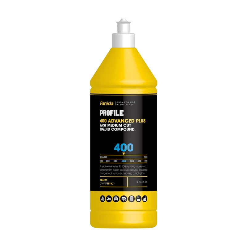 Farécla Profile 400 ADVANCED PLUS Liquid Compound 1L (PRA101) – Heavy Cut Compound for Paint, Gelcoat and Lacquer, Removes P1500 Marks, High Gloss Finish, For Professional Polishing Tasks, No Silicone