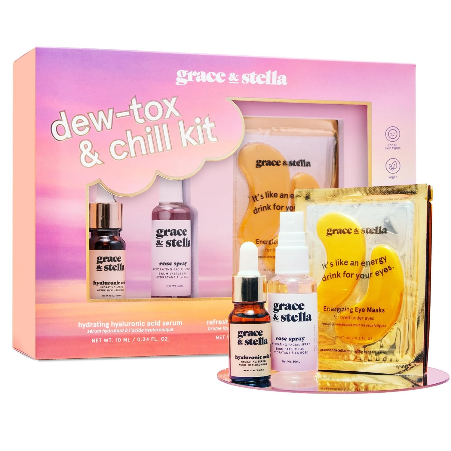 grace & stella Dew-Tox & Chill Kit Christmas Gifts for Women - Gifts for Her with Under Eye Masks, Hyaluronic Acid Serum, & More - Vegan & Cruelty Free - Birthday Gift for Women
