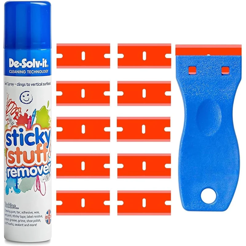 Sticky Stuff Remover 200ml Gel Spray With Multi-Surface Cleaning Tool & 10 Spare Replacements - Ideal for Label remover Tar Chewing Gum remover sticker remover, Adhesive.