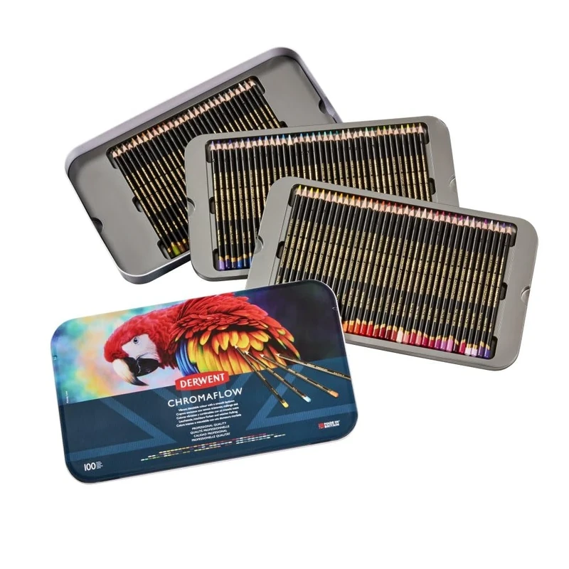 Derwent Chromaflow Pencils, Set of 100 in Tin, 3.5mm Round Core, Premium Core Strength, Blendable with Smooth Texture, Ideal for Drawing, Colouring & Layering, Professional Quality, 2306262