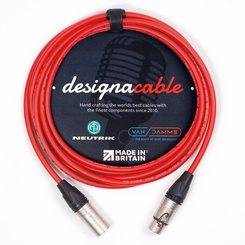 designacable.com 15m - Red Balanced XLR to XLR Cables - Handmade in the UK using Van Damme XKE Microphone Cable & Neutrik Female NC3FXX & Male NC3MXX XLRs.