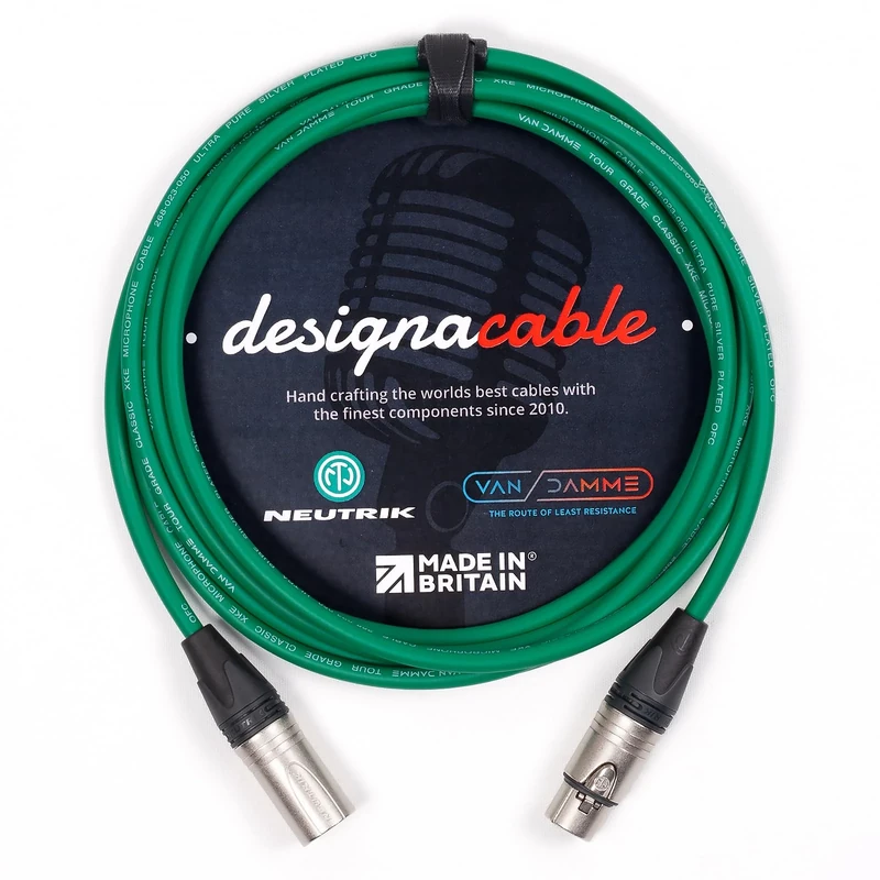designacable.com 15m - Green Balanced XLR to XLR Cables - Handmade in the UK using Van Damme XKE Microphone Cable & Neutrik Female NC3FXX & Male NC3MXX XLRs.