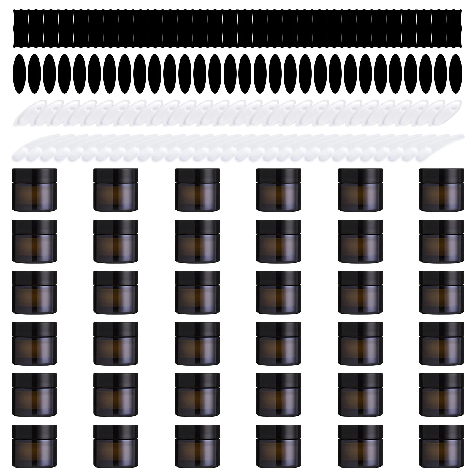 Yauhar 120Pcs 10g Amber Glass Jars Assortment Kit with Inner Liners and Black Lids, Spoons and blank labels for Storing Lip and Body Scrub, Lotion, Body Butter, Bath Salts