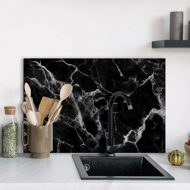 CREARREDA Black Marble Aluminium Kitchen Splash Guard 72 x 48 cm Easy to Apply Made in Italy Protection for Stoves and Sinks Washable and Easy to Assemble