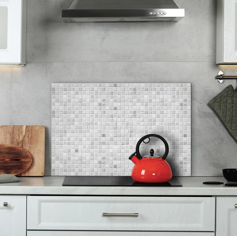 CREARREDA White Mosaic Aluminium Kitchen Splash Guard 72 x 48 cm Easy to Apply Made in Italy Protection for Stoves and Sinks Washable and Easy to Assemble - Image 1