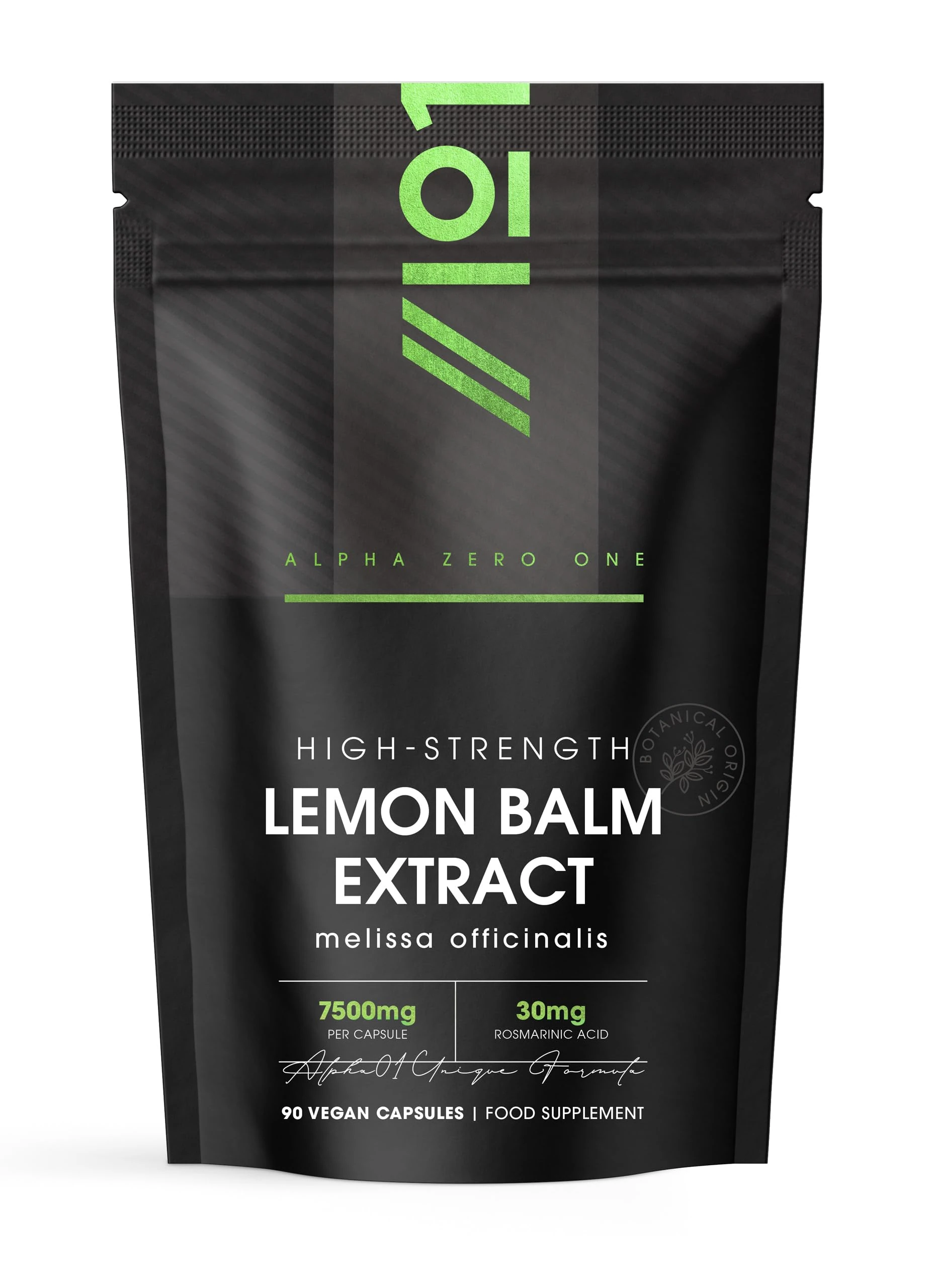 Lemon Balm Extract 7500mg - Standardised 30mg Rosmarinic Acid Supplement - 90 Vegan Capsules (3 Months Supply) - Resealable and Recyclable Pouch by Alpha01