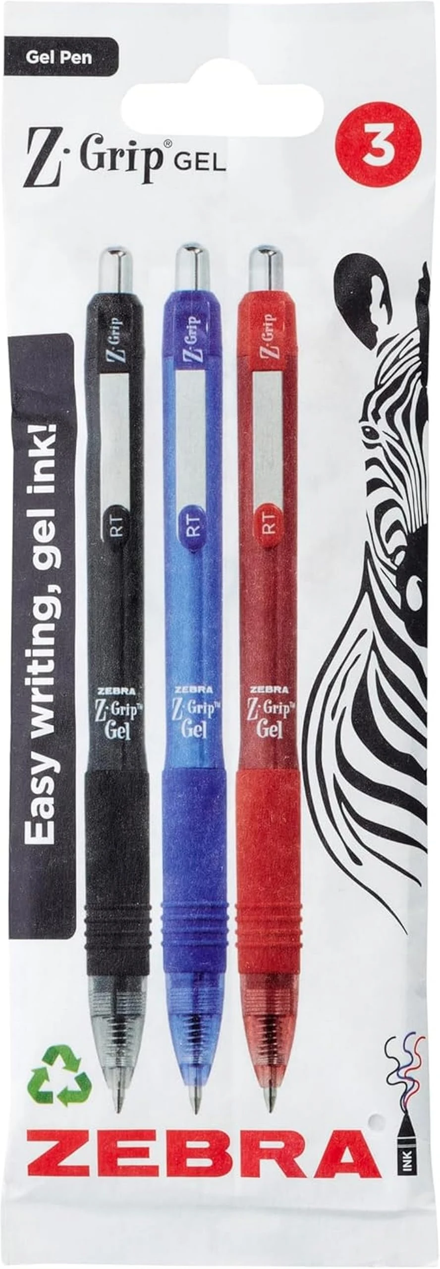 ZEBRA Pen Z Grip Assorted Gel Pens 3pk - 0.7mm Retractable Coloured Pens with Clip, Smudge Proof, Rapid Dry, Comfort Grip, Water Resistant - 3 Gel Pens Multipack (Multicolour - Black, Blue, Red)