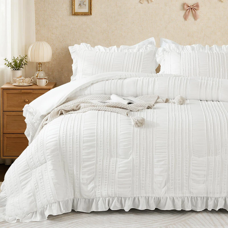 WONGS BEDDING White Comforter Set King,3 Pieces Ruffle Farmhouse Shabby Chic Boho Comforter for King Bed,Soft Textured Bedding Set with 1 Ruffle Comforter,2 Tufted Pillowcases 104"×90"