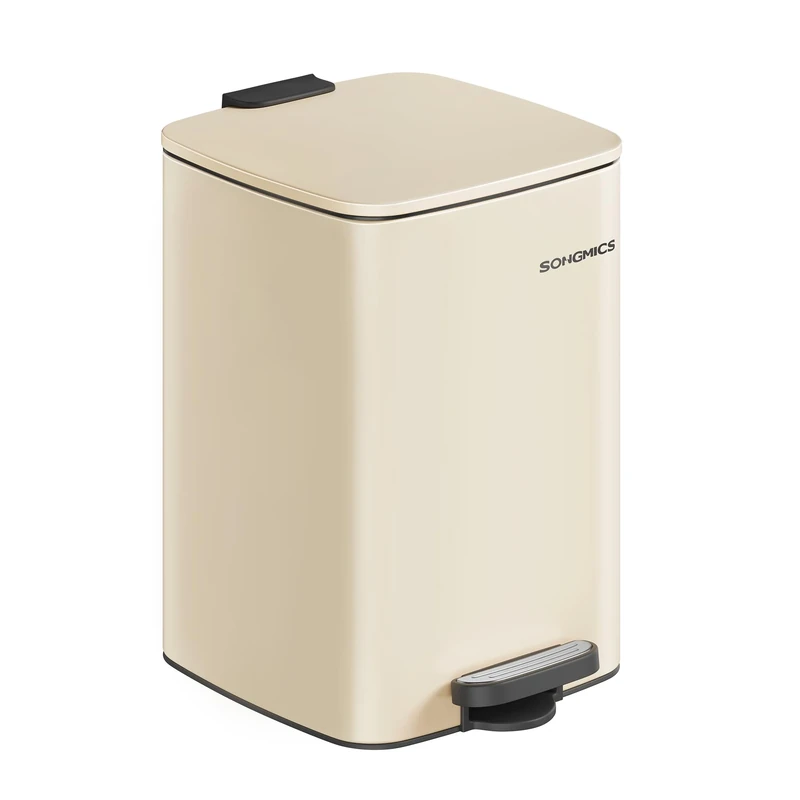 SONGMICS Steel Pedal Bin, 5.2-Gallon (20 L) Trash Bin with Inner Bucket, Soft Close and Stays Open, Sand Beige LTB592A02