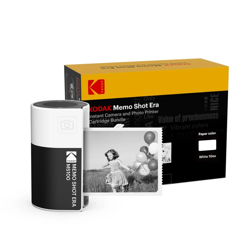 KODAK Memo Shot ERA Kids Instant Digital Camera and Photo Label Printer Bundle, White (Camera with 1 Roll One-Touch Label Cartridge + 9 Rolls Cartridge Set)