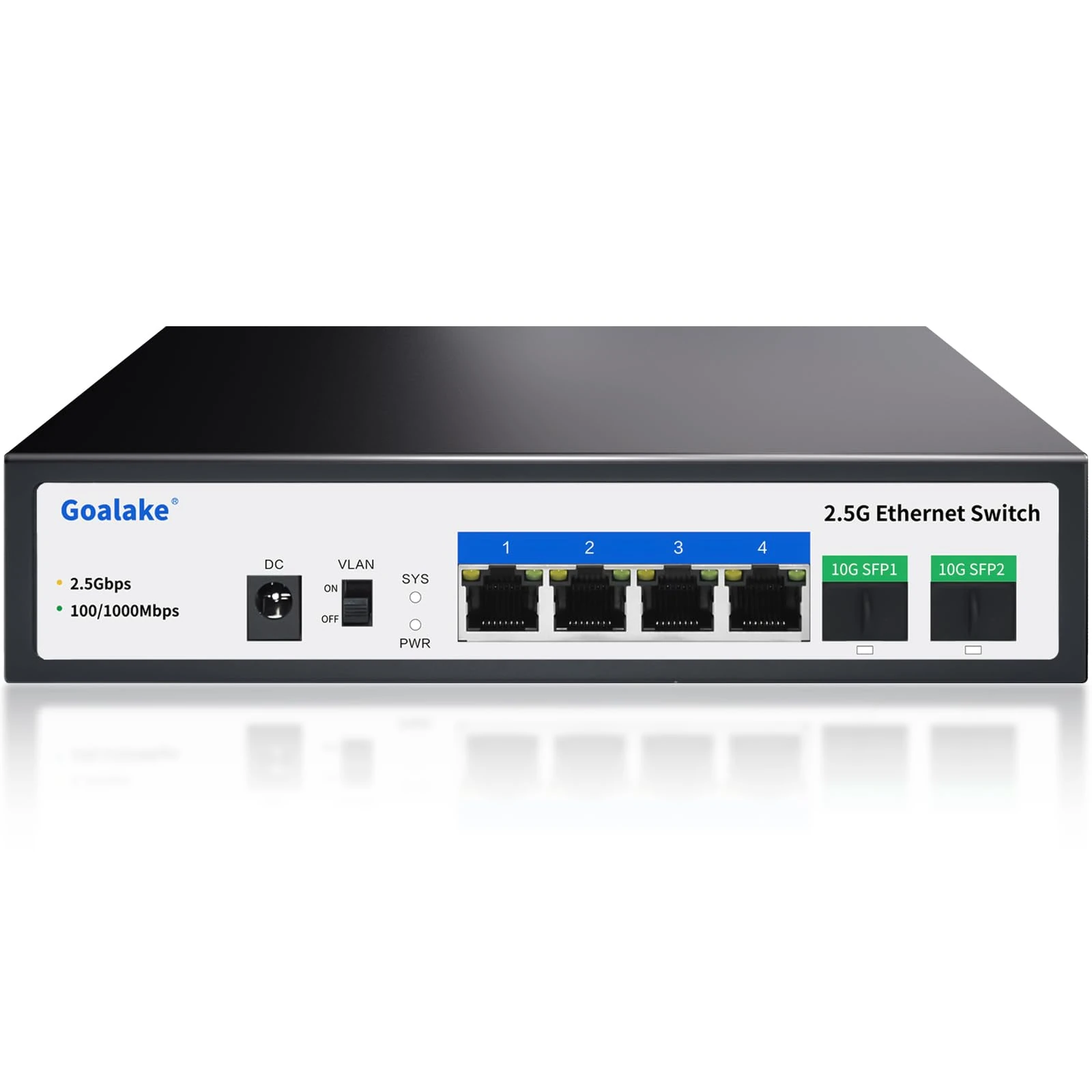 Goalake Umanaged 4 Port 2.5G Switch, 4 x 2.5G Base-T Ports, 2 x 10G SFP+, 60Gbps Switching Capacity, Metal, Fanless, 2.5G Multi-Gigabit Desktop Switch for Wireless AP, NAS, PC, Wall Mount. Plug & Play