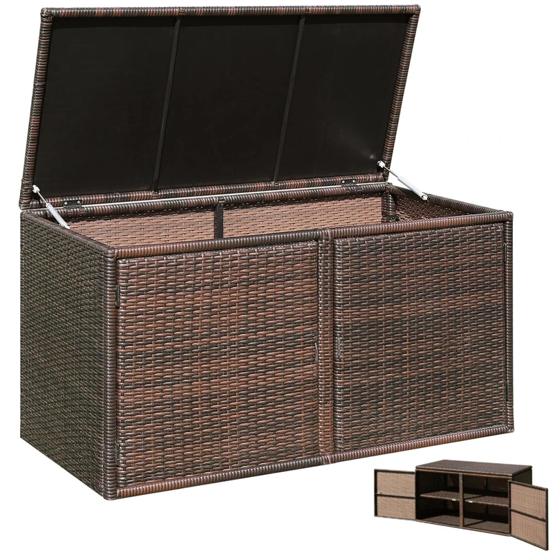 GiantexUK 330L Garden Storage Box, Weatherproof Rattan Deck Box with 2 Shelves, Pneumatic Rod & Handles, Outdoor Utility Chest Container for Patio Poolside Cushions Pillows Tools Toys (Brown)