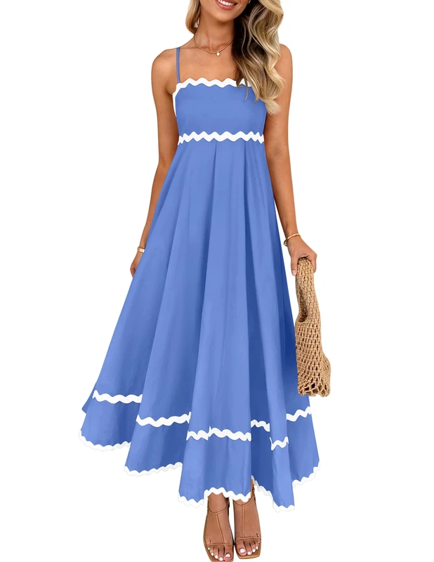ZESICA Women's 2024 Summer Spaghetti Straps Sleeveless Backless Sundress Flowy Smocked Lace Swing A Line Midi Dress, Sapphire Blue, M