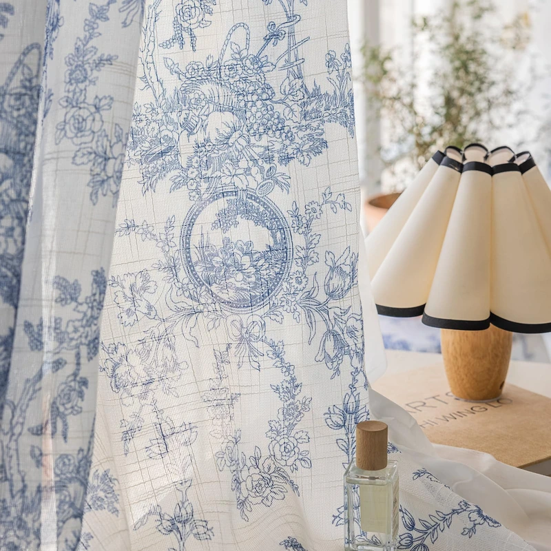 SUOUO Blue and White Floral Semi Sheer Curtains Linen Textured for Living Room 84 inches Long 2 Panels Rod Pocket Light Filtering Window Drapes for Bedroom Dining