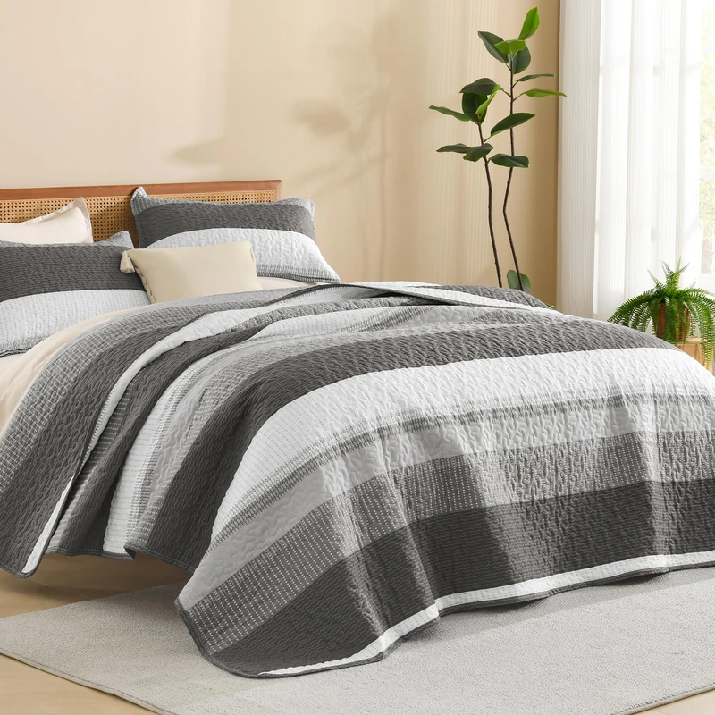 Litanika California King Quilt, 3 Pcs Dark Grey Stripe Bedding Set