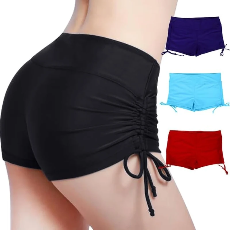 Lancry Women Swim Shorts, High Waisted Adjustable Ruched Side Tie Bikini Bottoms, Swimsuit Board Boy Shorts for Ladies Girls Black