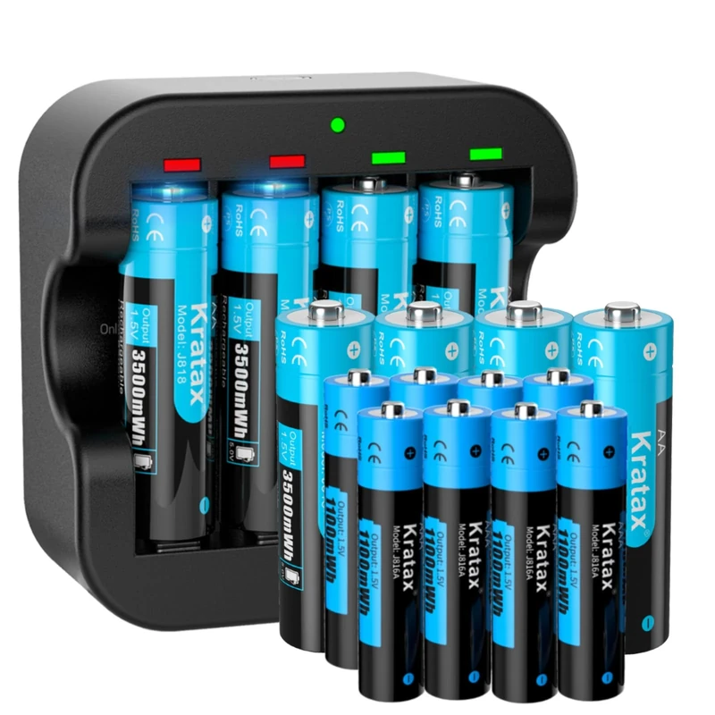 Rechargeable AA & AAA Lithium 1.5V Batteries - 3500mWh Doubla A &1100mWh Triple A for Household Office Devices, Long-Lasting High-Capacity, 1500Cycle,Constant Output (8AAA+8AA+Black Q022 Charger)