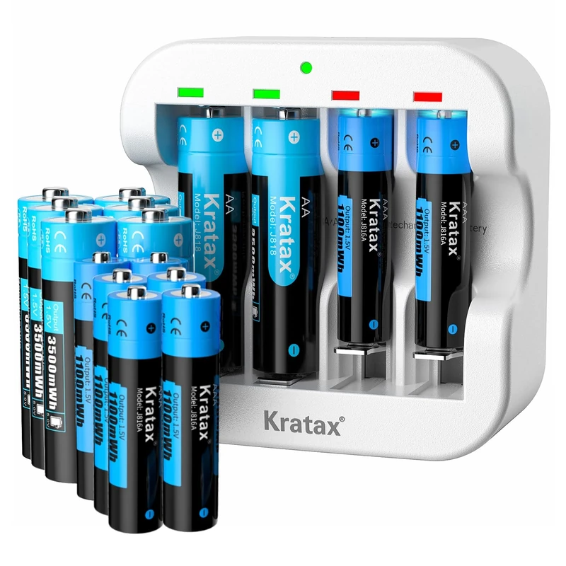 Rechargeable AA & AAA Lithium 1.5V Batteries - 3500mWh Doubla A &1100mWh Triple A for Household Office Devices, Long-Lasting High-Capacity, 1500Cycle,Constant Output (8AAA+8AA+White Q022 Charger)