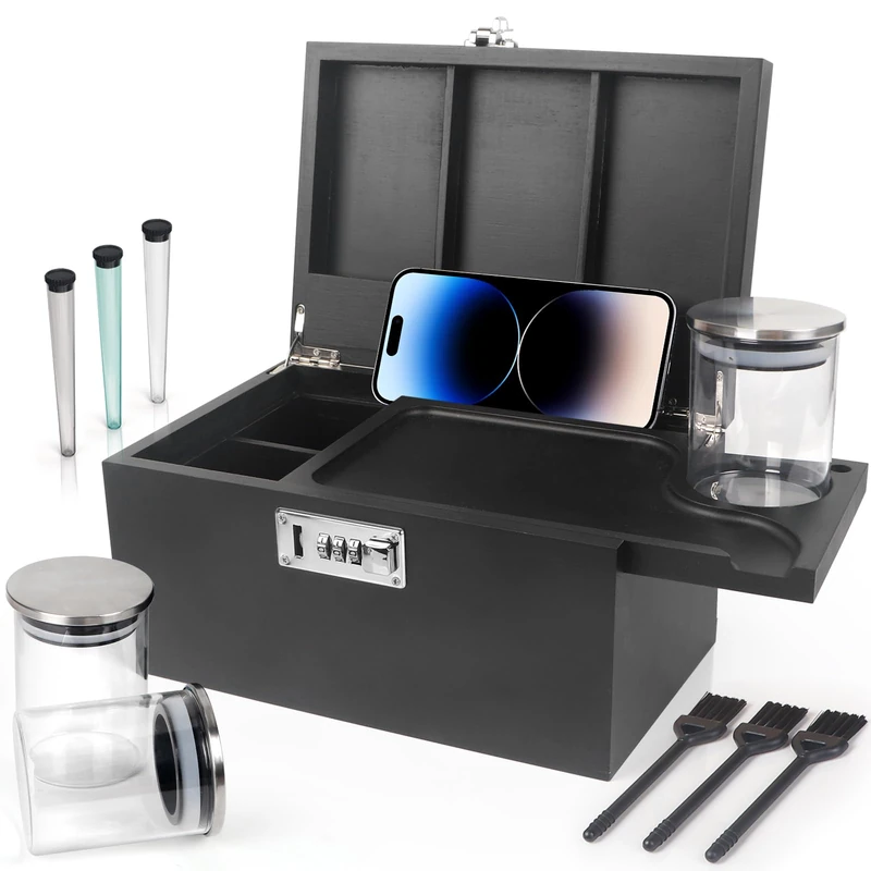 TISEMENT Large Black Bamboo Box with Combination Lock,Smell Proof Box with Detachable Compartment, Wooden Decorative Storage Box with Alright Jars & Brushes as Great Gift Choice.