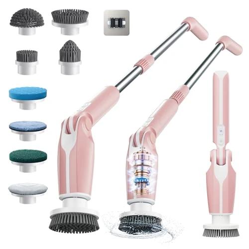 Leebein Electric Spin Scrubber, 2024 New Electric Scrubber with 4 Adjustable Angles and 8 Brush Heads, Shower Scrubber with Long Handle & Remote Control, Cleaning Brush for Bathroom, Tub, Floor(Pink)