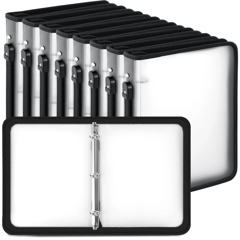 Teling 8 Pack Zipper Binder with 3 Ring Cover Zipper, Refillable Plastic Clear Binder File Organizer Planner for Projects, Assignments, Memos, School Work (White,2 Inch Binder)
