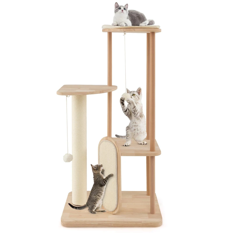 GYMAX Modern Cat Tree, Solid Wood Cat Tower with Scratching Posts & Board, Padded Perch and Hanging Toys, Simple Multi-level Cat Play Center for Kitten Play & Rest (114cm)