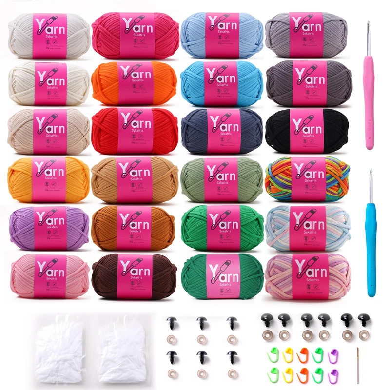24 Pack Crochet Yarn Beginner - Black White Orange Red Green Rainbow Pink Cotton Chunky Yarn - with Easy-to-See Stitches Beginner Yarn for Crocheting - Amigurumi Yarn Set
