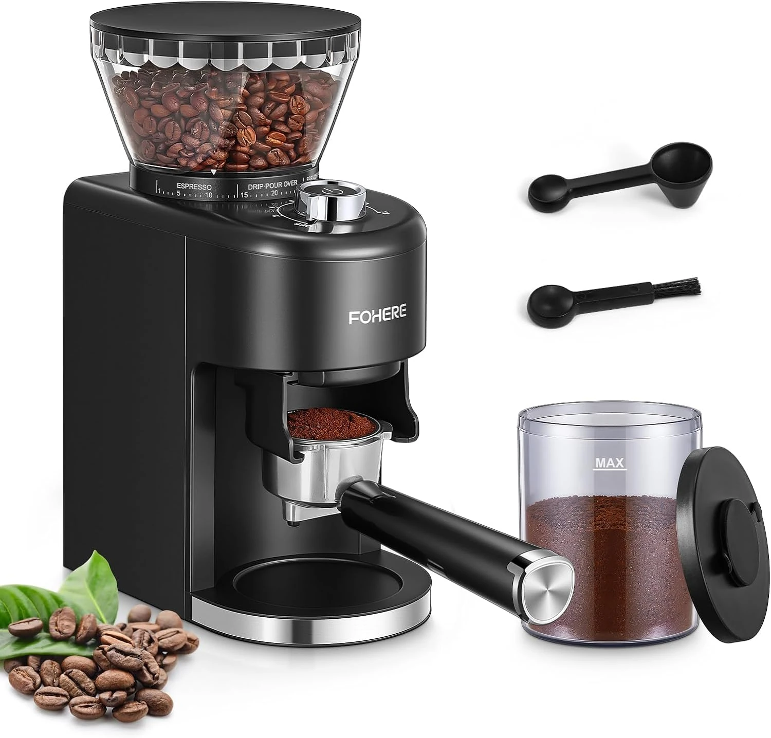 FOHERE Conical Burr Coffee Grinder Electric, Coffee Bean Grinder with 35 Precise Grind Setting, Adjustable Burr Grinders, Anti-static Burr Coffee Grinder for Espresso, Drip Coffee, French Press, Black