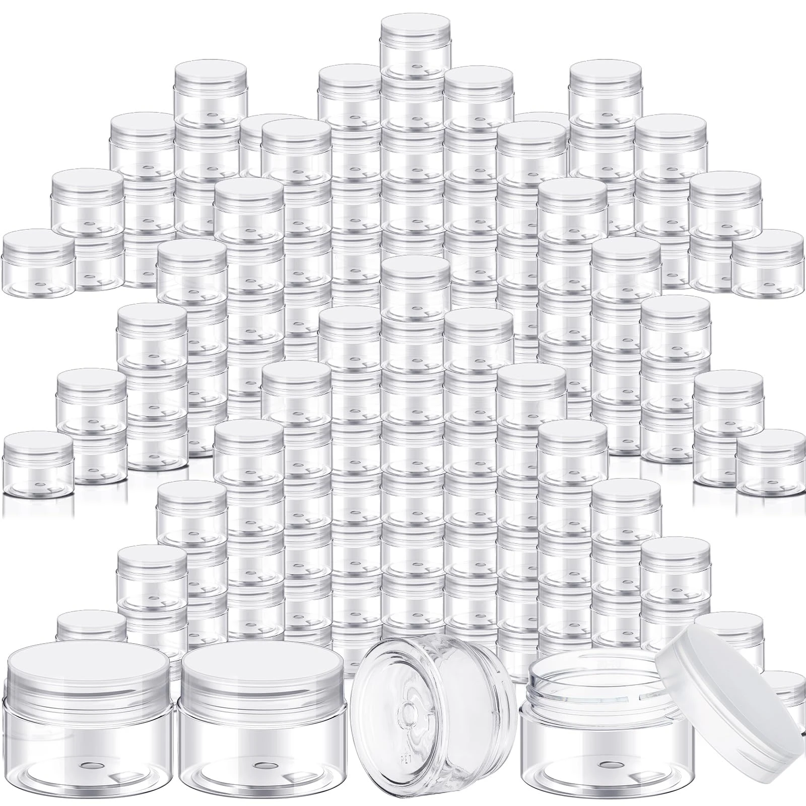 SATINIOR 100 Pcs Plastic Jars with Lids Small Containers Lids Wide Mouth Small Plastic Containers for Lotion Cream Rhinestones Body Butters Travel Storage(1 oz,Clear)