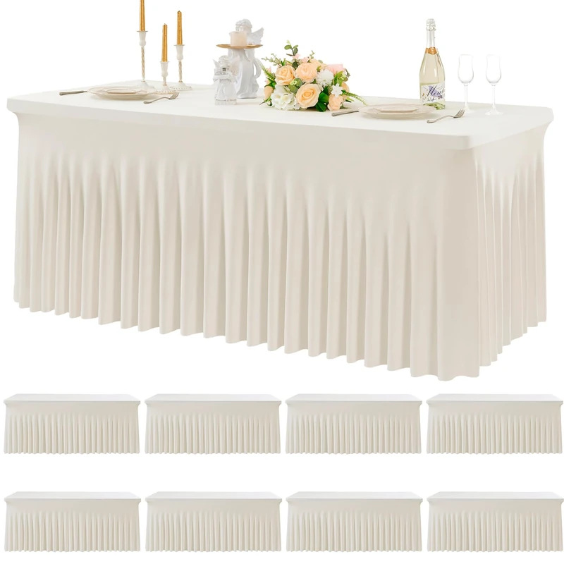 8pk Spandex Ivory Tablecloths for 6 Foot Rectangle Tables, Stretch Table Cloths 6ft Fitted Table Cover Desk Skirt for Parties Weddings Birthday Banquet Baby Shower