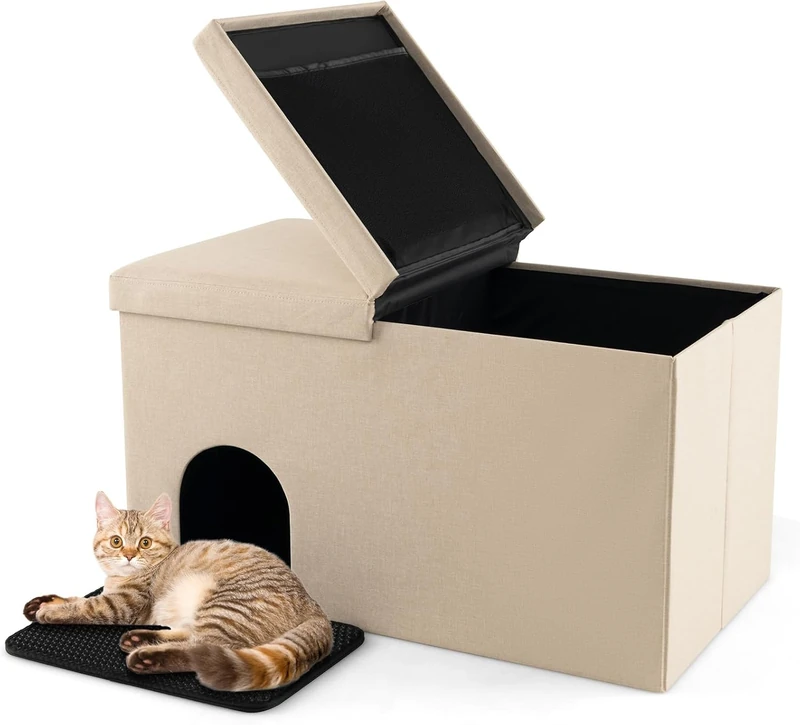 GYMAX Cat Litter Box Enclosure, Hidden Washroom Bench Ottoman with Flip-up Lid, Odor Control Filter and 2-Layer Mat, 3-in-1 Foldable Cat Furniture Kitty House for Living Room Bedroom (Beige)